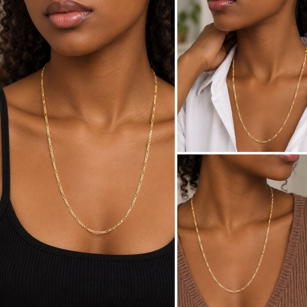 24 Inch Gold Plated 925 Sterling Silver 1.5mm Diamond Cut Figaro Chain Necklace